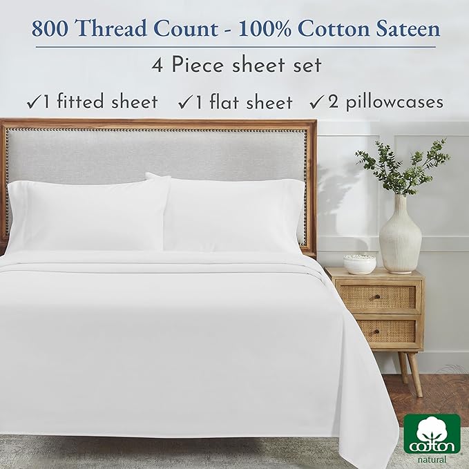 California Design Den Luxury 800 Thread Count, Natural 100% Cotton Sheets for Queen Size Bed Set - Hotel Quality Sheets with Deep Pockets, Durable, Cooling & Softer Than Egyptian Cotton - Pearl White