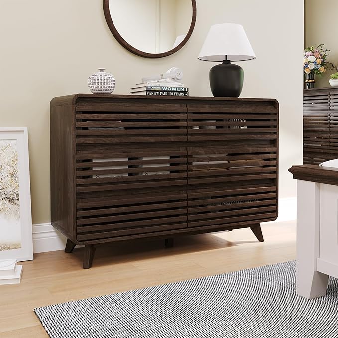 Fluted Dresser for Bedroom, Wide 6 Drawers Dresser, Chests of Drawers with Grille & Curved Design, Dressers Slides Pre-Installed, Large Wood Drawer Organizer for Bedroom Hallway, Dark Walnut