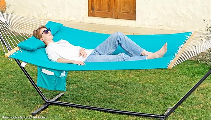 Double Quilted Fabric Hammock with Spreader Bar, Fits 12-14ft Hammock Stand, 2 Person 14ft Hammocks for Outside, Large Removable Pillow, Storage Bag, Carabiners, Max 475 lbs Capacity (Aqua)