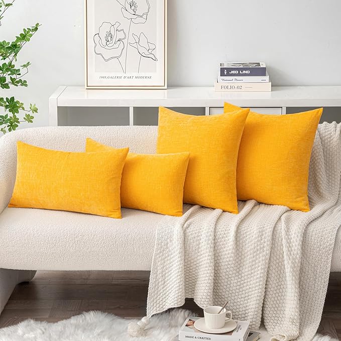 MIULEE Pack of 2 Couch Throw Pillow Covers 18x18 Inch Soft Goose Yellow Chenille Pillow Covers for Sofa Living Room Solid Dyed Pillow Cases