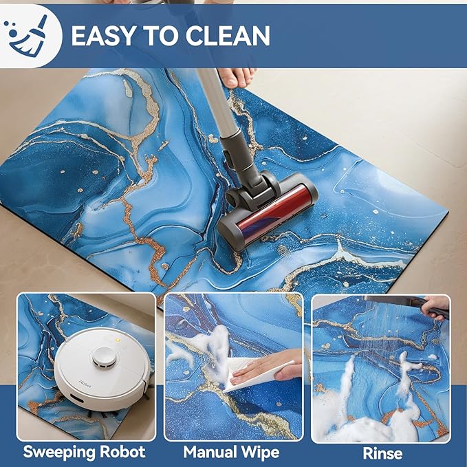 Non Slip Bath Mat Ultra Thin Bathroom Rug Fit Under Door, Rubber Backing Quick Dry Super Absorbent Washable Shower Bath Mats Blue 24x36