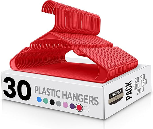 Utopia Home Plastic Hangers 30 Pack - Perfect Space Saving Clothes Hanger - Durable and Strong - Perfect Closet Organizers with Shoulder Grooves (Red)