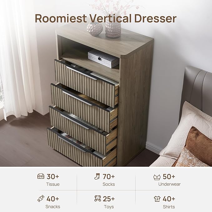 SICOTAS Dresser for Bedroom - Tall Dressers & Chests of Drawers with 4 Drawers Large Modern Dresser for Closet Fluted Wide TV Stand Clothes Closet Storage for Bedroom Hallway Entryway, Grey Alder