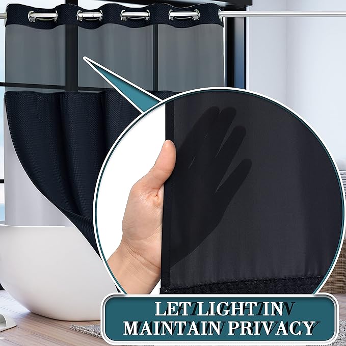 Extra Long No Hook Waffle Weave Shower Curtain with Snap in Liner Set, Hotel Luxury Black Shower Curtains for Bathroom with See Through Top Window, Waterproof, Washable 71W x 84H