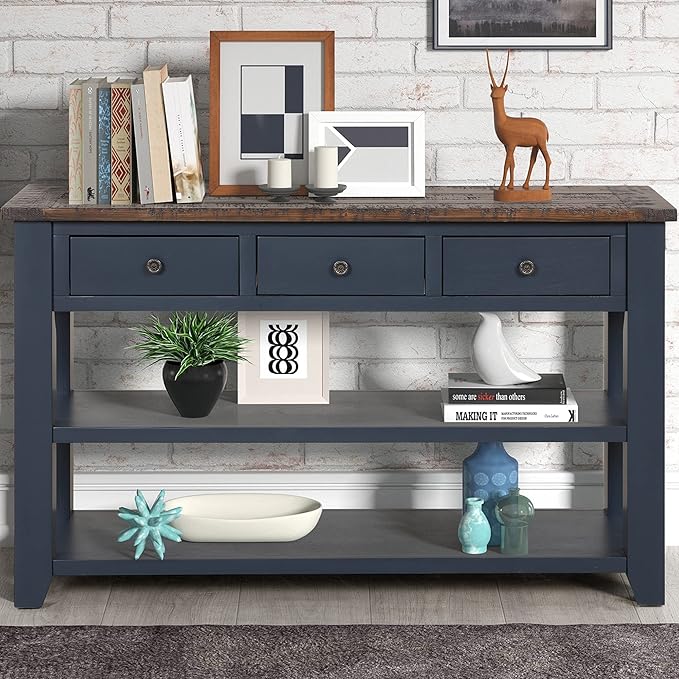 Knocbel Farmhouse Entryway Long Console Table with 3 Storage Drawers and Bottom Open Shelves, Entry Hallway Foyer Sofa Table with Handles, 29.9" H x 48.8" W x 15.8" D (Blue and Brown)