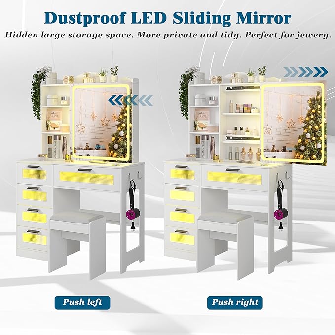 Vanity Desk with Lights and Sliding Mirror, Makeup Vanity Desk with Charging Station, Vanitys Dressing Table with Stool,LED Vanity Set with Large Drawers&Shelves for Bedroom, Decor, White