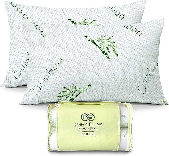 OMEO 2 Pack Queen Size Rayon Derived from Bamboo Pillow for Sleeping Shredded Memory Foam Bed Pillows for Side, Back and Stomach Sleepers, Soft, Cooling, Adjustable and Washable Cover 20" x 30"