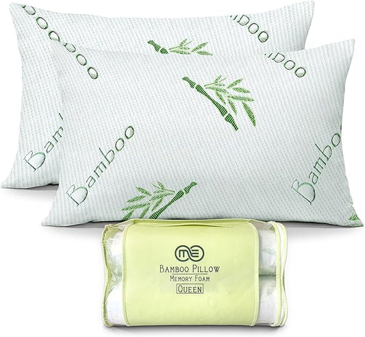 OMEO 2 Pack Queen Size Rayon Derived from Bamboo Pillow for Sleeping Shredded Memory Foam Bed Pillows for Side, Back and Stomach Sleepers, Soft, Cooling, Adjustable and Washable Cover 20" x 30"