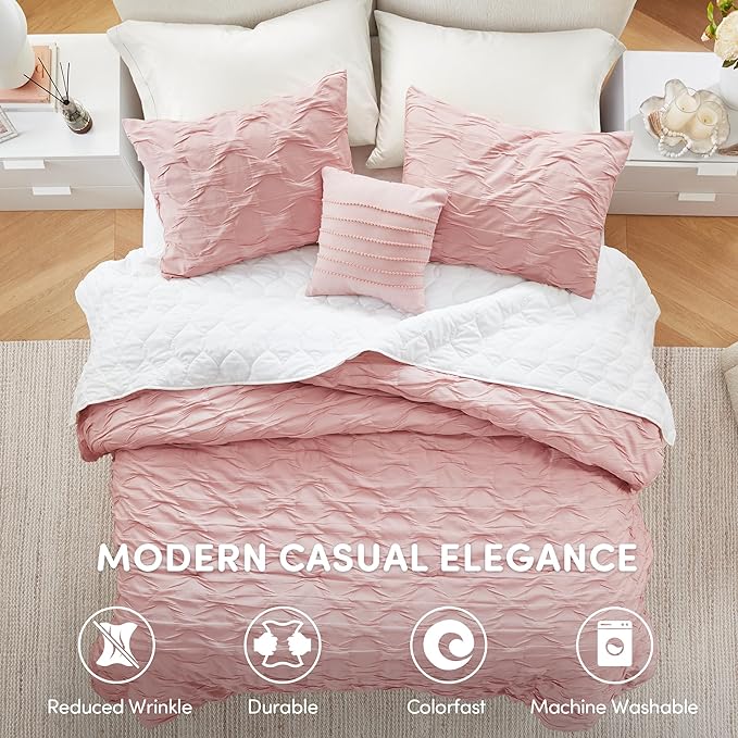 Comfort Spaces Twin/Twin XL Comforter Set for College Ogee Ruched Crinkle Texture Breathable Comforter Set Twin Dorm All Season Lightweight Bedding Set Shabby Chic Décor Pilow Pink 3 Piece