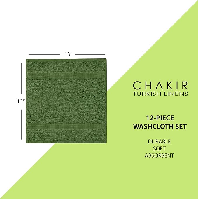 Chakir Turkish Linens | Hotel & Spa Quality 100% Cotton Premium Turkish Towels | Soft & Absorbent (12-Piece Washcloths, Moss)