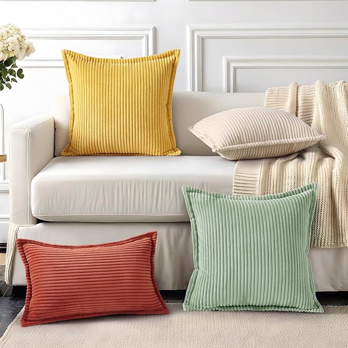 Mecatny Corduroy Throw Pillow Covers 18x18 Set of 2, Neutral Decorative Soft Boho Couch Pillow Covers with Broadside for Sofa Living Room, Beige