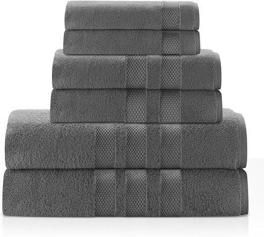Zero Twist Bathroom Towel Set - Luxury Bath Towel Sets for Bathroom, Hands, and Washcloths - Quick Dry and Absorbent - 6 Pieces, 3 Stripe, Charcoal
