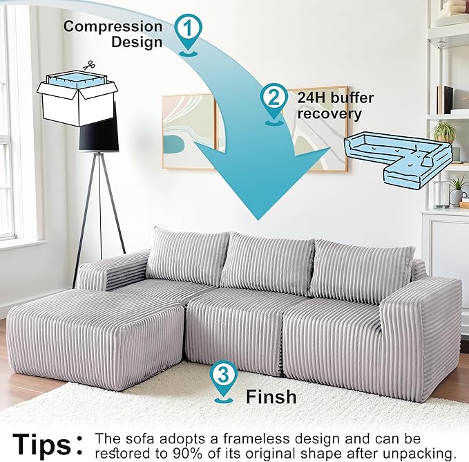 Sectional Couches for Living Room 125" L Shaped Cloud Couch Modern Modular Sectional Sofa Bad, Boneless Couch Oversized with Deep Seat, No Assembly Required, Light Gray