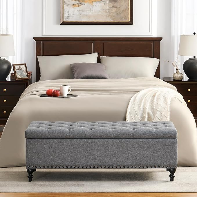 Storage Ottoman 50.2 Inches Upholstered Fabric Storage Ottoman Bench，Button Tufted Ottoman with Storage for Living Room，Bedroom End of Bed Bench Withstands 304lbs
