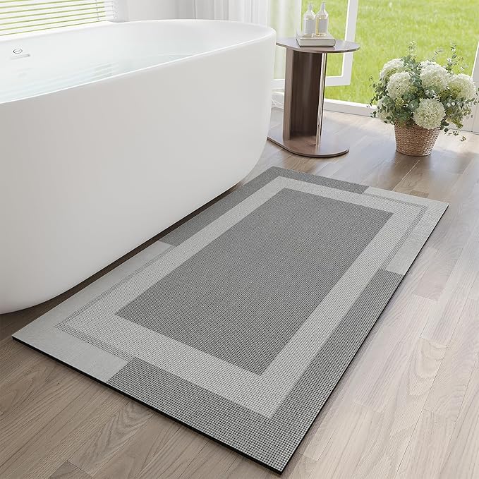 Non Slip Long Bath Mat Bathroom Runner, Rubber Backing Ultra Thin Bathroom Rugs Fit Under Door Quick Dry Super Absorbent Washable Bath Rug Shower Mat for Bathtub Sink Floor, Grey 24"x48"