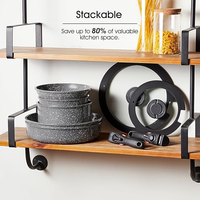 7pcs Pots and Pans Set Non Stick from France, Ceramic Cookware Set with Removable Handle, Induction RV Kitchen Cookware Set, Stackable, PFOA and PFAS Free, Oven Safe, Black Granite