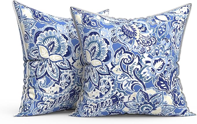 Outdoor Throw Pillow Covers Pack of 2, Decorative Water Repellent Square Pillow Cases 18x18 Inch, Patio Pillowcases for Home Patio Furniture Use, Floral Bluish Violet