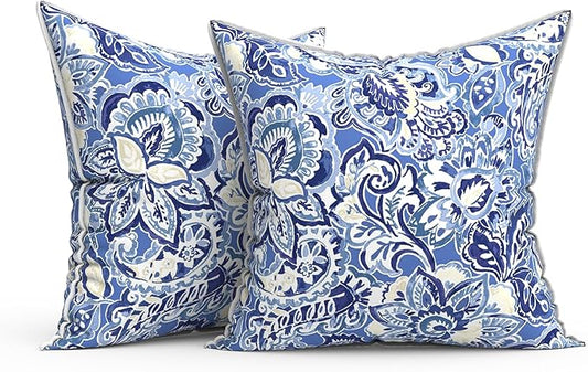 Outdoor Throw Pillow Covers Pack of 2, Decorative Water Repellent Square Pillow Cases 18x18 Inch, Patio Pillowcases for Home Patio Furniture Use, Floral Bluish Violet