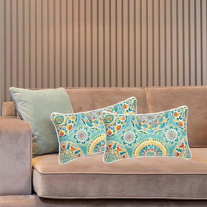 FUNHOME Set of 2 Outdoor Pillows for Patio Furniture, 12”x20” Water-Repellent Fade Resistant Outdoor Lumbar Pillow with Insert, Decorative Garden Pillows for Home Patio Coach Sofa Use-Cyan Circle