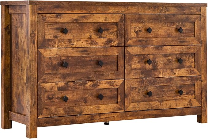 Farmhouse 6 Drawers Dresser, Wood Rustic Chest of Drawers for Bedroom, Closet Storage Dressers Organizer, 6 Drawers Chest for Living Room, Hallway, Rustic Brown