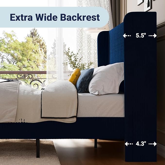 Allewie Full Size Bed Frame with Upholstered Wingback Headboard, Vertical Channel Tufted Corduroy Velvet Platform Bed, Strong Wooden Slats Support, No Box Spring Needed, Easy Assembly, Dark Blue