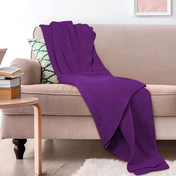 PiccoCasa 100% Cotton Knit Throw Blanket,Solid Lightweight Decorative Throws and Blankets,Soft Knitted Throw Blanket for Sofa Couch, Purple, 50" x 60"