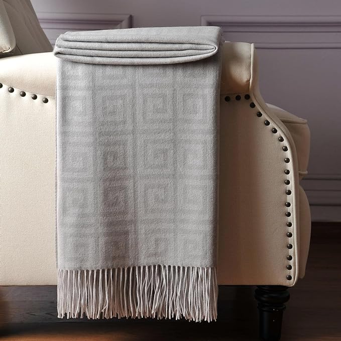 CUDDLE DREAMS Premium Cashmere Throw Blanket with Fringe, Luxuriously Soft (Greek Key)