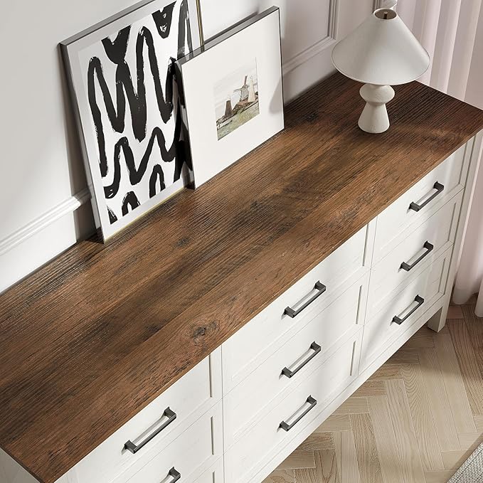 Farmhouse Dresser for Bedroom, 9 Drawers Dresser with Metal Handle, Natural Texture, Wood Rustic Chest of Drawers for Bedroom,Living Room,Hallway and Entryway, Antique White