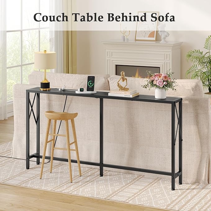 55.1" Narrow Sofa Table, Console Table with Oulets & USB Ports, Entryway Table, Industrial Couch Table for Hallway, Living Room, Bedroom, 6.5 Feet Power Cord,Black