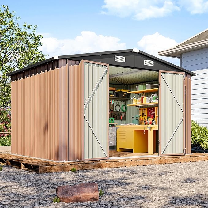 10x10 FT Outdoor Storage Shed, Utility Steel Tool Shed with Lockable Door and Air Vents, Galvanized Metal Shed for Garden Backyard Patio Lawn (10'x10', Brown)