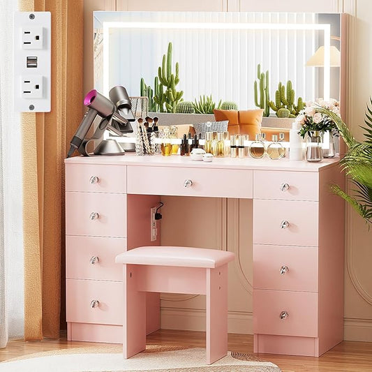 VOWNER Vanity with Lighted Mirror - Makeup Vanity Desk with Power Outlet and 9 Drawers, 3 Color Lighting Modes Adjustable Brightness, 43" Vanity Table with Soft Cushioned Stool for Bedroom, Pink