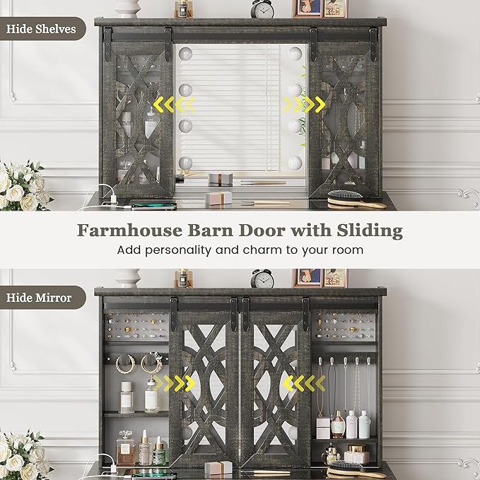 Farmhouse Makeup Vanity with Mirror & Lights, Large Vanity Desk with 5 Drawers & 9 Storage Shelves, Dressing Table with Jewelry Armoire, Vanity Gifts for Wife Girlfriends Women/Lady Girl (Brown)