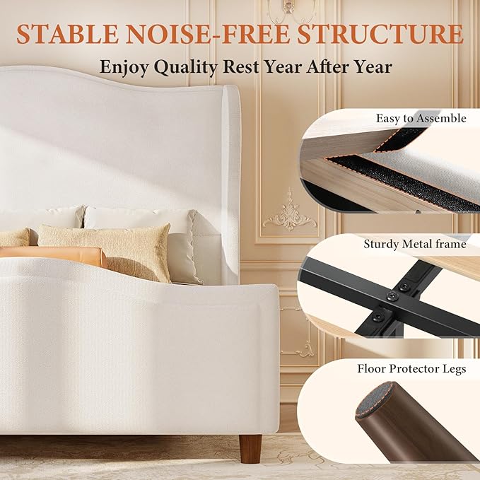 Queen Bed Frame Chenille Upholstered Platform Bed with Headboard and Footboard, 51" High Deep Tufted Wingback Sleigh Upholstered Bed, Modern Retro Minimalist Style, Easy Assembly, Cream