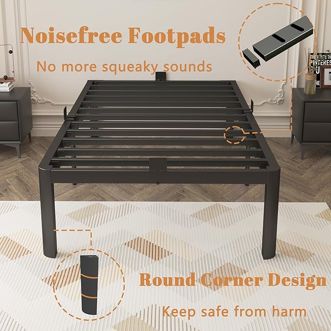 16 Inch Twin Bed Frames, Black Twin Metal Bed Frame with Anti-Slip Baffles, No Box Spring Needed, Heavy Duty Steel Platform Supprt, Rounded Corner Design, Storage Space, Noiseless