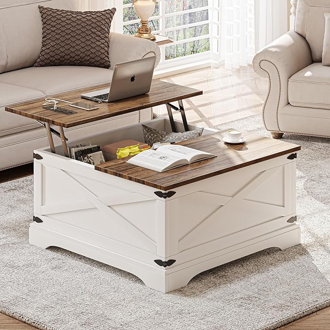 Lift Top Coffee Table with Storage, Square Coffee Table for Living Room with Charging Ports, Farmhouse Dining Table with Large Hidden Storage, White, 31.5"