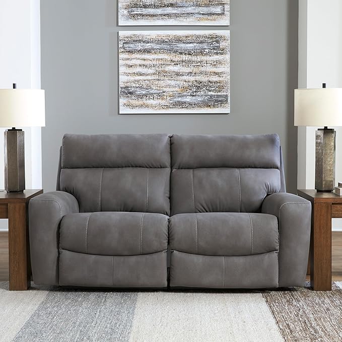 Signature Design by Ashley Next-Gen DuraPella Contemporary Faux Leather Modular Wall Hugger 2-Piece Power Reclining Sectional Loveseat with Adjustable Headrest and USB Ports, Gray