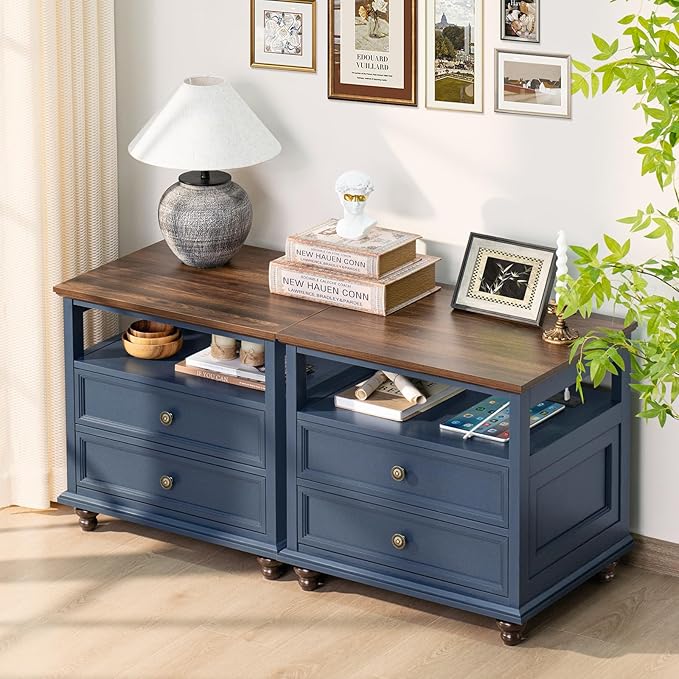 Farmhouse Nightstand with Charging Station, 24" Wide End Table with 2 Drawers, Blue Dresser for Bedroom, Bed Side Table Chest of Drawers Cabinet,Wood Night Stand for Living Room, Closet