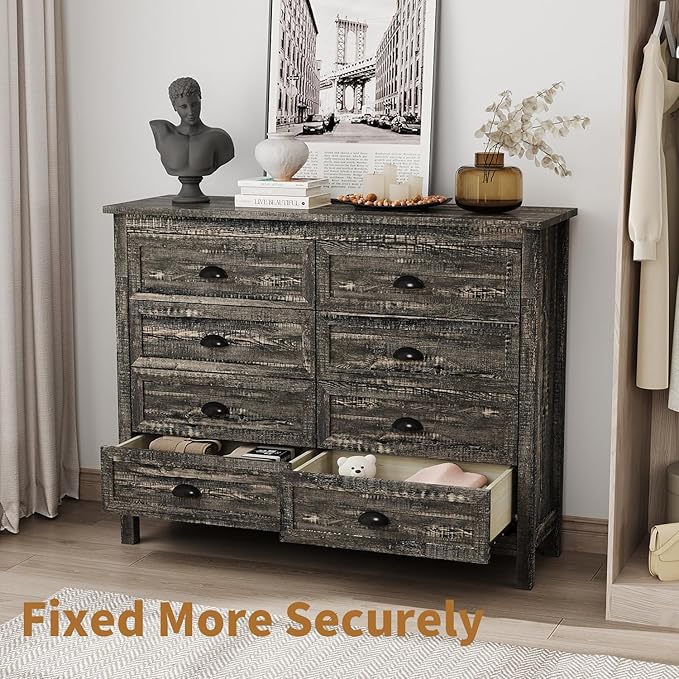 Rustic 8 Drawer Dresser for Bedroom, Modern Farmhouse Wood Dresser with Vintage Black Antique Handle, Double Chest of Drawers for Hallway, Antique Black