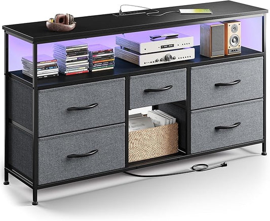 TV Stand Dresser with LED Lights & Power Outlets, Entertainment Center for 50" Inch TV, 5 Drawers TV Stand for Bedroom Dresser with Shelves for Living Room, Sturdy Metal Frame, Grey