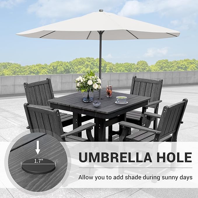 Wood Grain 5-Piece Outdoor Dining Set, Spacious HDPE Outdoor Table and Chairs, All-Weather Patio Table and Chairs Set with Umbrella Hole and Elegant Armrest for Porch, Poolside, Gray