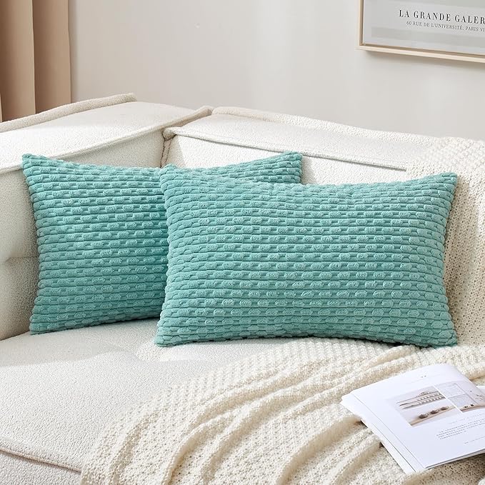 MIULEE Throw Pillow Covers Soft Corduroy Decorative Set of 2 Boho Striped Pillow Covers Pillowcases Farmhouse Home Decor for Couch Bed Sofa Living Room 12x20 Inch Aqua Green