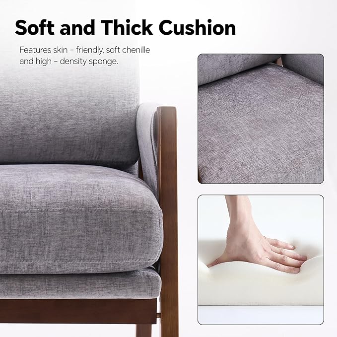 Mid Century Modern Accent Chair with Wood Frame, Upholstered Living Room Chairs with Wide Armrest, Chenille Fabric Lounge Reading Arm Chair for Bedroom, Reading Room, Balcony, Gray