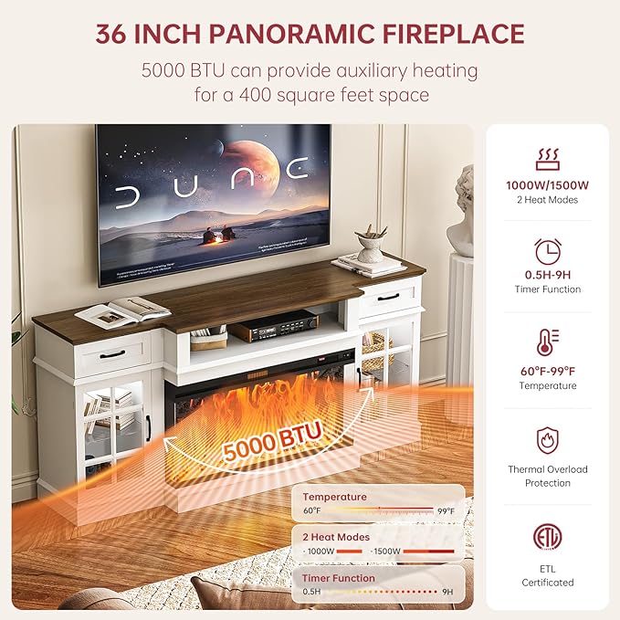 oneinmil 70" Fireplace TV Stand with 3-Sided Glass Electric Fireplace, Farmhouse Wood Entertainment Center with LED Lights, 36" Fire Place TV Stands with Storage Cabinet for Living Room, White