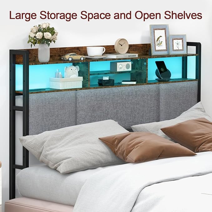 Upholstered Queen Size Headboard with 2 Power Outlets & LED Light, Head Board with Storage Shelves for Bed, Queen Headboard Only, Height Adjustable, Sturdy & Stable, Brown
