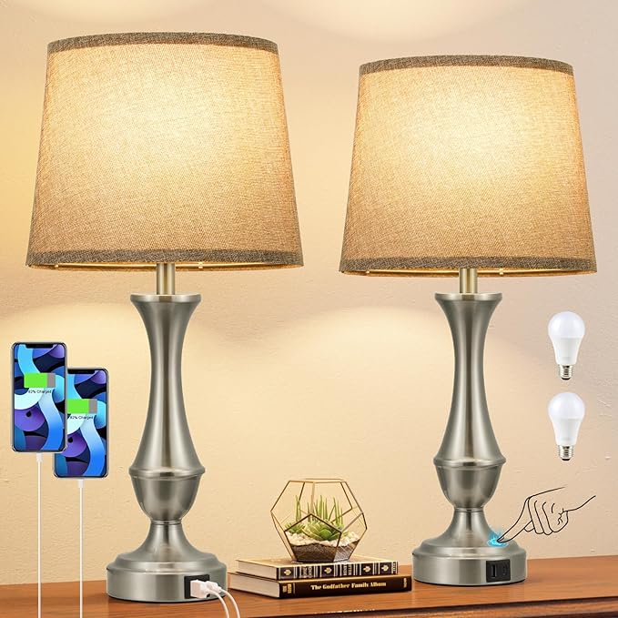 Upgraded Touch Lamps for Night Stands Set of 2 - Bedside Lamps with USB C+A, 3 Way Dimmable for Bedroom Living Room End Tables Office (Grey&Nickel)
