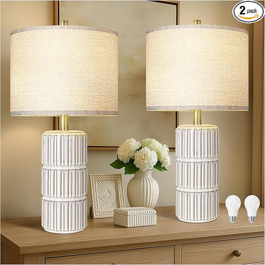 23.5" Ceramic Table Lamp Set of 2, Table Lamps for Living Room, Bedside Lamps with 3-Way Dimmable Bulb, Lamps for Night Stands with Linen Shade, Farmhouse Lamp with Rotary Switch (Bulb Included)