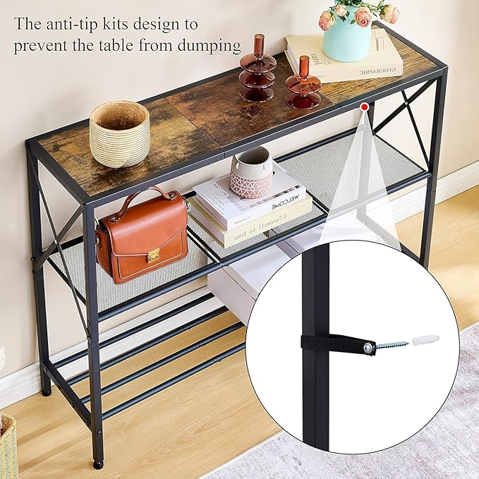 Hoctieon Industrial Console Table, 3 Tier Entryway Table, Hallway Table, Narrow Sofa Table with Shelves, Entrance Table for Entryway, Living Room, Foyer, Hallway, Office, Rustic Brown&Black