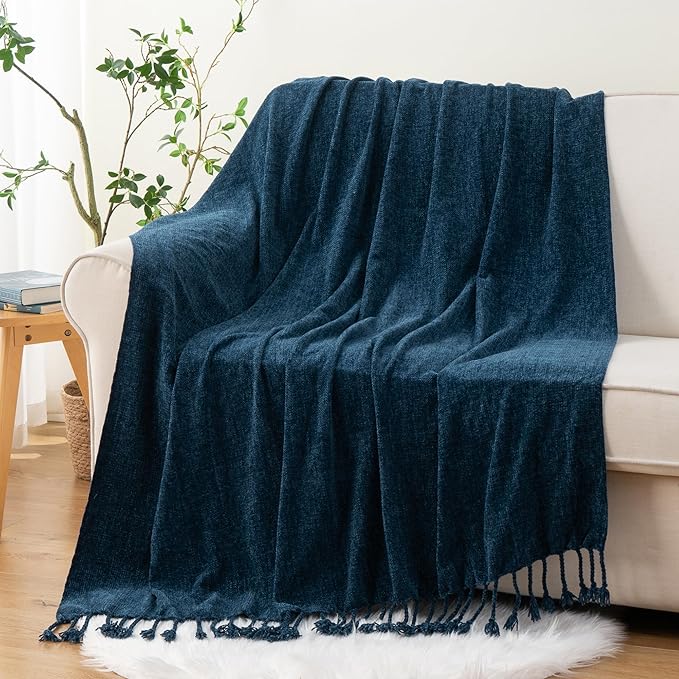 BATTILO HOME Navy Blue Throw Blanket for Couch, Bed, Sofa - Soft Cozy Chenille Throw with Fringe Tassels, Lightweight Knit Throw for Home Decor, 50"x60"
