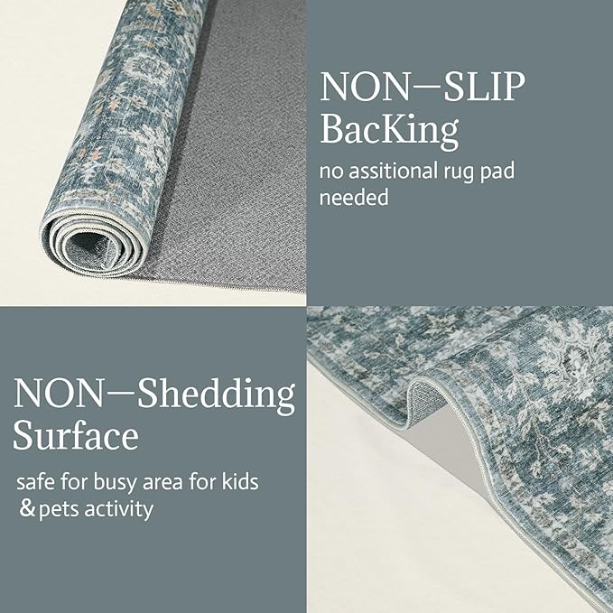 Washable Area Rugs 5'x7' Non-Slip Vintage Boho Distressed Fade Resistant Low Pile Carpet for High-Traffic Living Room, Bedroom & Dining Room