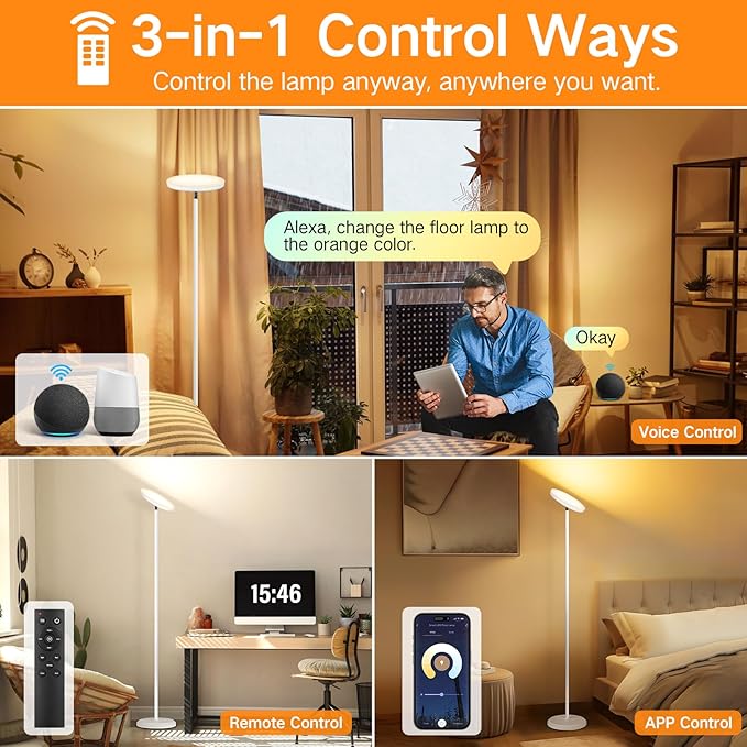 OUTON Smart LED Floor Lamp, 30W/3000LM Dimmable Bright Torchiere Sky Lamp Compatible with Alexa Google Home, WiFi Remote, Tall Standing Lamp with 4 Color Temperature for Living Room Bedroom Office